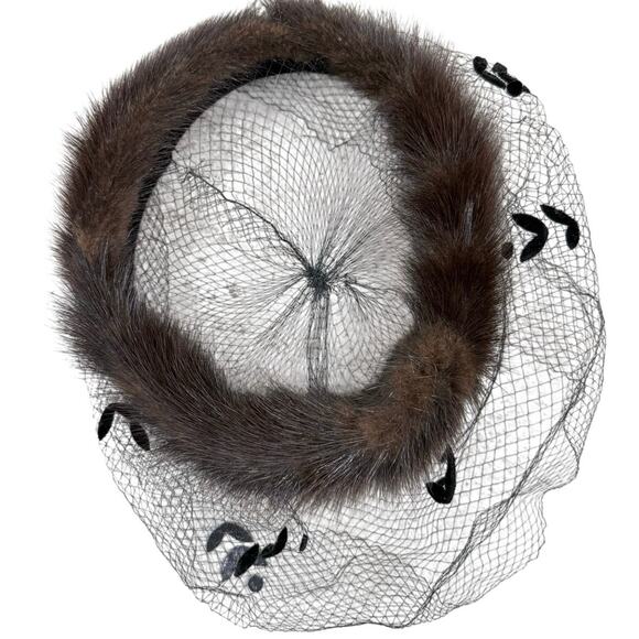 Vintage 1960s Brown Fur Ring Hat Black Velvet Veil Fascinator main image 5
